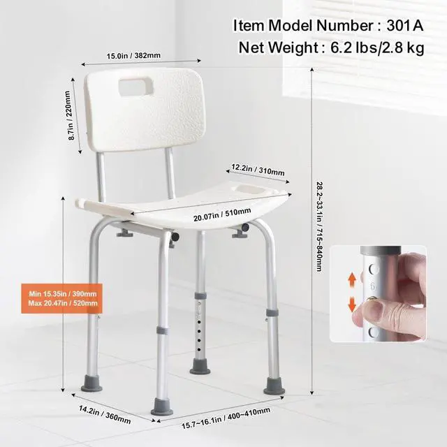 Alt view image 6 of 7 - VEVOR Shower Chair, Shower Seat with Back, Adjustable Height Shower Stool, Shower Chair for Inside Shower Bathtub, Non-slip Bathroom Bench Bath Chair for Elderly Disabled Handicap, 350 lbs Capacity