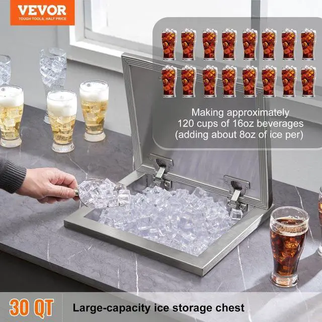 Alt view image 2 of 14 - VEVOR Drop in Ice Chest, 14"L x 12"W x 18"H Stainless Steel Ice Cooler, Commercial Ice Bin with Hinged Cover, 40 qt Outdoor Kitchen Ice Bar, Drain-pipe and Drain Plug Included, for Cold Wine Beer