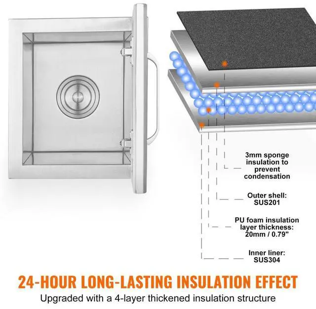 Alt view image 3 of 14 - VEVOR Drop in Ice Chest, 14"L x 12"W x 18"H Stainless Steel Ice Cooler, Commercial Ice Bin with Hinged Cover, 40 qt Outdoor Kitchen Ice Bar, Drain-pipe and Drain Plug Included, for Cold Wine Beer