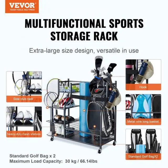 Alt view image 2 of 7 - VEVOR Golf Storage Garage Organizer, 2 Golf Bag Stand Holder and Other Sports Equipment Storage Rack, Rolling Ball Cart on Wheels, Outdoor Sport Gear and Toy Storage with Baskets & Hooks, Steel, Black