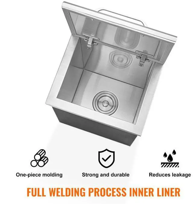 Alt view image 4 of 14 - VEVOR Drop in Ice Chest, 14"L x 12"W x 18"H Stainless Steel Ice Cooler, Commercial Ice Bin with Hinged Cover, 40 qt Outdoor Kitchen Ice Bar, Drain-pipe and Drain Plug Included, for Cold Wine Beer