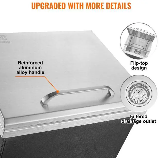 Alt view image 5 of 14 - VEVOR Drop in Ice Chest, 14"L x 12"W x 18"H Stainless Steel Ice Cooler, Commercial Ice Bin with Hinged Cover, 40 qt Outdoor Kitchen Ice Bar, Drain-pipe and Drain Plug Included, for Cold Wine Beer