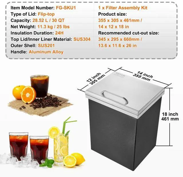 Alt view image 7 of 14 - VEVOR Drop in Ice Chest, 14"L x 12"W x 18"H Stainless Steel Ice Cooler, Commercial Ice Bin with Hinged Cover, 40 qt Outdoor Kitchen Ice Bar, Drain-pipe and Drain Plug Included, for Cold Wine Beer