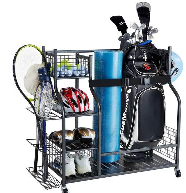 Main image of VEVOR Golf Storage Garage Organizer, 2 Golf Bag Stand Holder and Other Sports Equipment Storage Rack, Rolling Ball Cart on Wheels, Outdoor Sport Gear and Toy Storage with Baskets & Hooks, Steel, Black