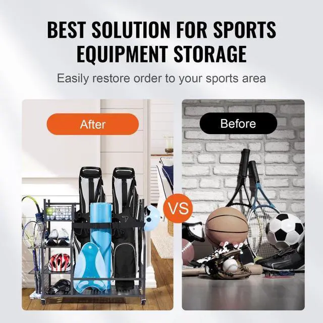 Alt view image 3 of 7 - VEVOR Golf Storage Garage Organizer, 2 Golf Bag Stand Holder and Other Sports Equipment Storage Rack, Rolling Ball Cart on Wheels, Outdoor Sport Gear and Toy Storage with Baskets & Hooks, Steel, Black