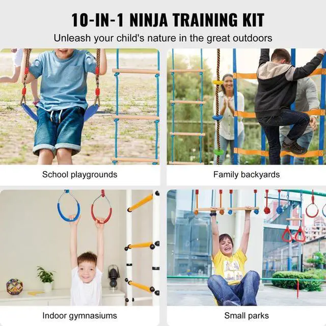 Alt view image 3 of 8 - VEVOR Ninja Warrior Obstacle Course for Kids, 2 x 60 ft Weatherproof Slacklines, 500lbs Weight Capacity Monkey Line, Outdoor Playset Equipment, Backyard Toys Training Equipment Set with 14 Obstacles