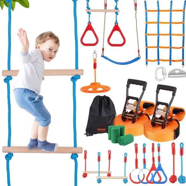 Main image of VEVOR Ninja Warrior Obstacle Course for Kids, 2 x 60 ft Weatherproof Slacklines, 500lbs Weight Capacity Monkey Line, Outdoor Playset Equipment, Backyard Toys Training Equipment Set with 14 Obstacles