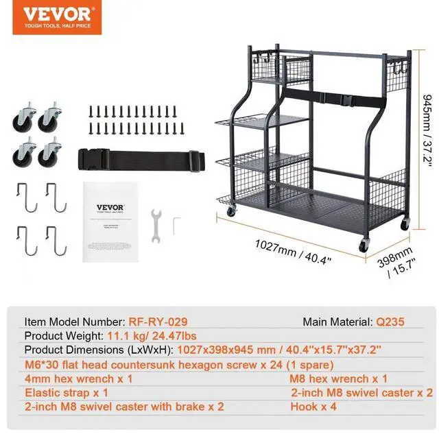 Alt view image 7 of 7 - VEVOR Golf Storage Garage Organizer, 2 Golf Bag Stand Holder and Other Sports Equipment Storage Rack, Rolling Ball Cart on Wheels, Outdoor Sport Gear and Toy Storage with Baskets & Hooks, Steel, Black
