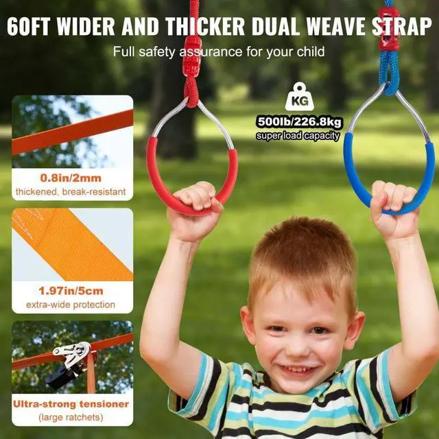 Alt view image 4 of 8 - VEVOR Ninja Warrior Obstacle Course for Kids, 2 x 60 ft Weatherproof Slacklines, 500lbs Weight Capacity Monkey Line, Outdoor Playset Equipment, Backyard Toys Training Equipment Set with 14 Obstacles