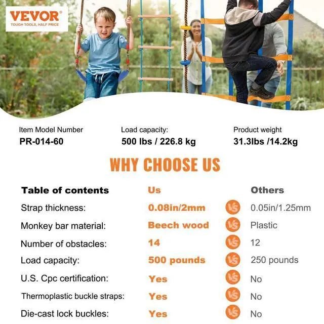 Alt view image 8 of 8 - VEVOR Ninja Warrior Obstacle Course for Kids, 2 x 60 ft Weatherproof Slacklines, 500lbs Weight Capacity Monkey Line, Outdoor Playset Equipment, Backyard Toys Training Equipment Set with 14 Obstacles