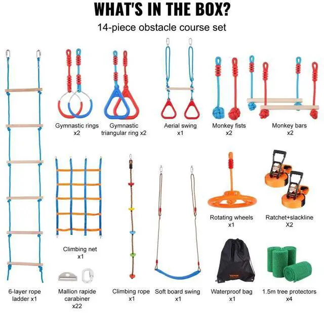 Alt view image 7 of 8 - VEVOR Ninja Warrior Obstacle Course for Kids, 2 x 60 ft Weatherproof Slacklines, 500lbs Weight Capacity Monkey Line, Outdoor Playset Equipment, Backyard Toys Training Equipment Set with 14 Obstacles