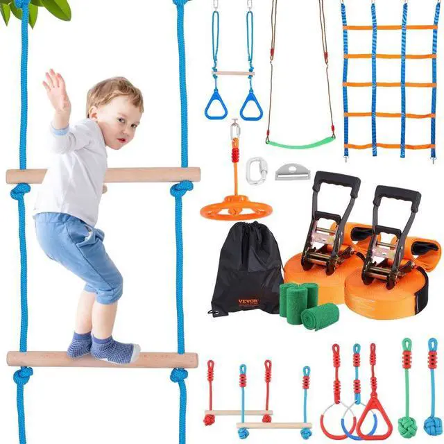 Main image of VEVOR Ninja Warrior Obstacle Course for Kids, 2 x 65 ft Weatherproof Slacklines, 500lbs Weight Capacity Monkey Line, Outdoor Playset Equipment, Backyard Toys Training Equipment Set with 12 Obstacles