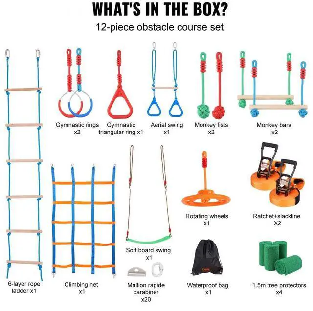 Alt view image 7 of 8 - VEVOR Ninja Warrior Obstacle Course for Kids, 2 x 65 ft Weatherproof Slacklines, 500lbs Weight Capacity Monkey Line, Outdoor Playset Equipment, Backyard Toys Training Equipment Set with 12 Obstacles