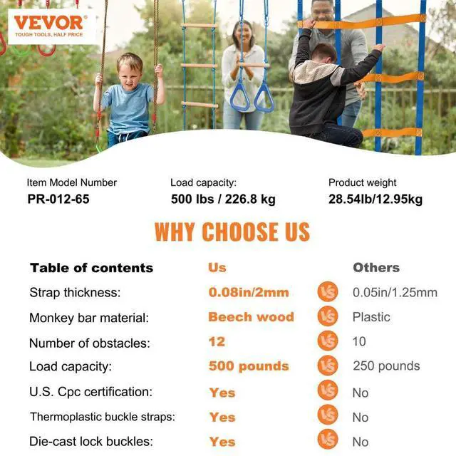 Alt view image 8 of 8 - VEVOR Ninja Warrior Obstacle Course for Kids, 2 x 65 ft Weatherproof Slacklines, 500lbs Weight Capacity Monkey Line, Outdoor Playset Equipment, Backyard Toys Training Equipment Set with 12 Obstacles