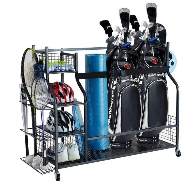 Main image of VEVOR Golf Storage Garage Organizer, 3 Golf Bag Stand Holder and Other Sports Equipment Storage Rack, Rolling Ball Cart on Wheels, Outdoor Sport Gear and Toy Storage with Baskets & Hooks, Steel, Black