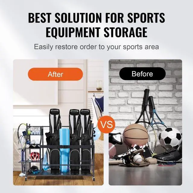 Alt view image 3 of 7 - VEVOR Golf Storage Garage Organizer, 3 Golf Bag Stand Holder and Other Sports Equipment Storage Rack, Rolling Ball Cart on Wheels, Outdoor Sport Gear and Toy Storage with Baskets & Hooks, Steel, Black