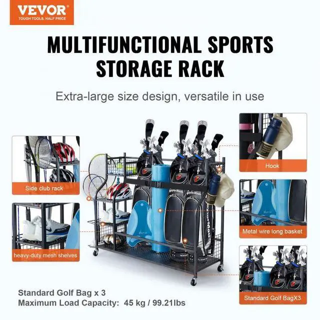 Alt view image 2 of 7 - VEVOR Golf Storage Garage Organizer, 3 Golf Bag Stand Holder and Other Sports Equipment Storage Rack, Rolling Ball Cart on Wheels, Outdoor Sport Gear and Toy Storage with Baskets & Hooks, Steel, Black
