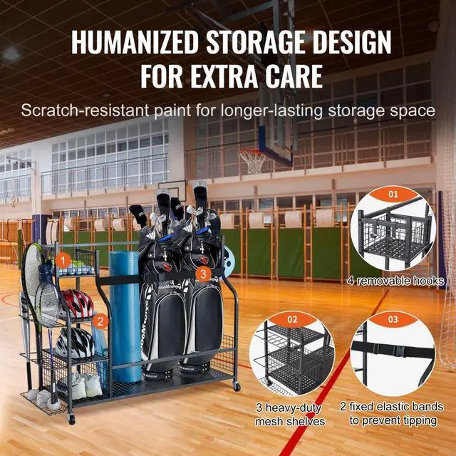 Alt view image 4 of 7 - VEVOR Golf Storage Garage Organizer, 3 Golf Bag Stand Holder and Other Sports Equipment Storage Rack, Rolling Ball Cart on Wheels, Outdoor Sport Gear and Toy Storage with Baskets & Hooks, Steel, Black