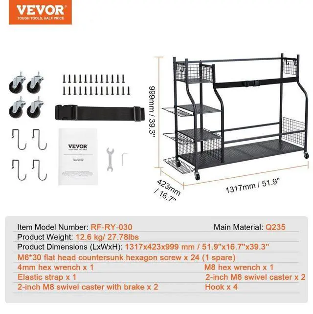 Alt view image 7 of 7 - VEVOR Golf Storage Garage Organizer, 3 Golf Bag Stand Holder and Other Sports Equipment Storage Rack, Rolling Ball Cart on Wheels, Outdoor Sport Gear and Toy Storage with Baskets & Hooks, Steel, Black