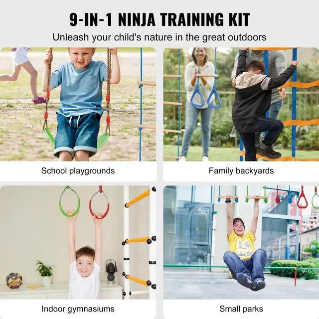 Alt view image 2 of 7 - VEVOR Ninja Warrior Obstacle Course for Kids, 2 x 50 ft Weatherproof Slacklines, 500lbs Weight Capacity Monkey Line, Outdoor Playset Equipment, Backyard Toys Training Equipment Set with 12 Obstacles