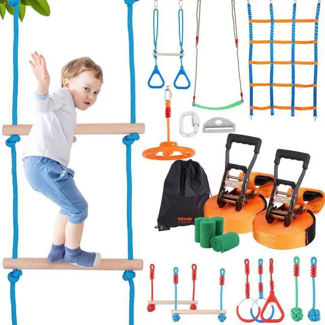 Main image of VEVOR Ninja Warrior Obstacle Course for Kids, 2 x 50 ft Weatherproof Slacklines, 500lbs Weight Capacity Monkey Line, Outdoor Playset Equipment, Backyard Toys Training Equipment Set with 12 Obstacles