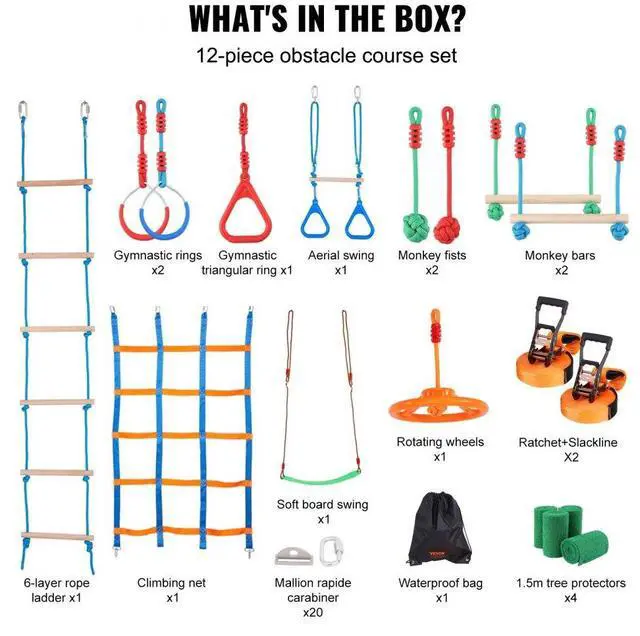 Alt view image 6 of 7 - VEVOR Ninja Warrior Obstacle Course for Kids, 2 x 50 ft Weatherproof Slacklines, 500lbs Weight Capacity Monkey Line, Outdoor Playset Equipment, Backyard Toys Training Equipment Set with 12 Obstacles