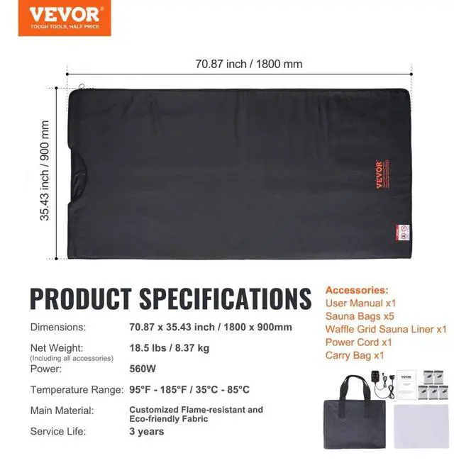Alt view image 7 of 7 - VEVOR Sauna Blanket for Detoxification, Portable Far Infrared Sauna for Home Relaxation, 1-6 Level Adjustable Temprature Rannge 95-185, 1-60 Minutes Timer, Far Infrared Carbon Heating Sauna Bag