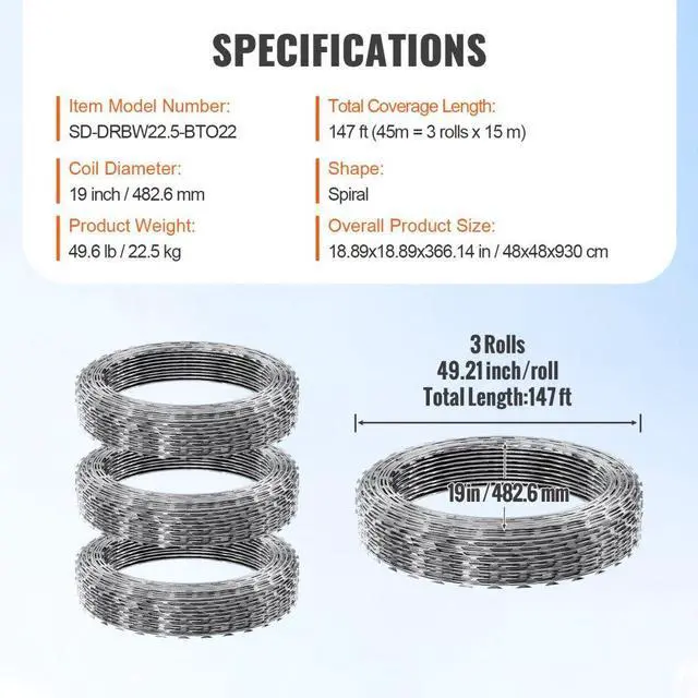Alt view image 7 of 7 - VEVOR Razor Wires, 147 ft Razor Barbed Wire, 3 Rolls Razor Wire Fencing Razor Fence, Double Spiral Razor Ribbon Barbed Wire Galvanized Razor Wire Fence, Rolls Razor for Garden