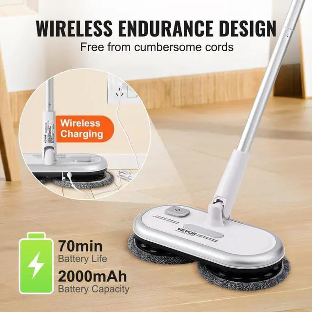 Alt view image 5 of 7 - VEVOR Cordless Electric Mop, Up to 70 mins Powerful Battery, Electric Spin Mop with Dual Spinning Mop Heads, 4 Microfiber Pads & 2 Floor Scrubber Pads, for Hardwood Floor/Bathroom/Tile Floor Cleaning