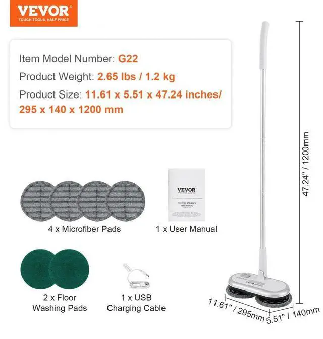 Alt view image 7 of 7 - VEVOR Cordless Electric Mop, Up to 70 mins Powerful Battery, Electric Spin Mop with Dual Spinning Mop Heads, 4 Microfiber Pads & 2 Floor Scrubber Pads, for Hardwood Floor/Bathroom/Tile Floor Cleaning