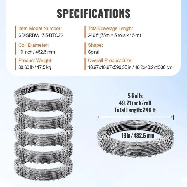 Alt view image 7 of 7 - VEVOR Razor Wires, 246 ft Razor Barbed Wire, 5 Rolls Razor Wire Fencing Razor Fence, Razor Ribbon Barbed Wire Galvanized Razor Wire Fence, Rolls Razor for Garden