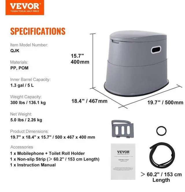 Alt view image 7 of 7 - VEVOR Portable Toilet for Camping, Porta Potty with 1.3 Gal Detachable Inner Bucket & Removable Paper Holder, Commode with Dual Lids, Travel Toilet for Adults Kids Outdoor Camping Car Long Road Trips