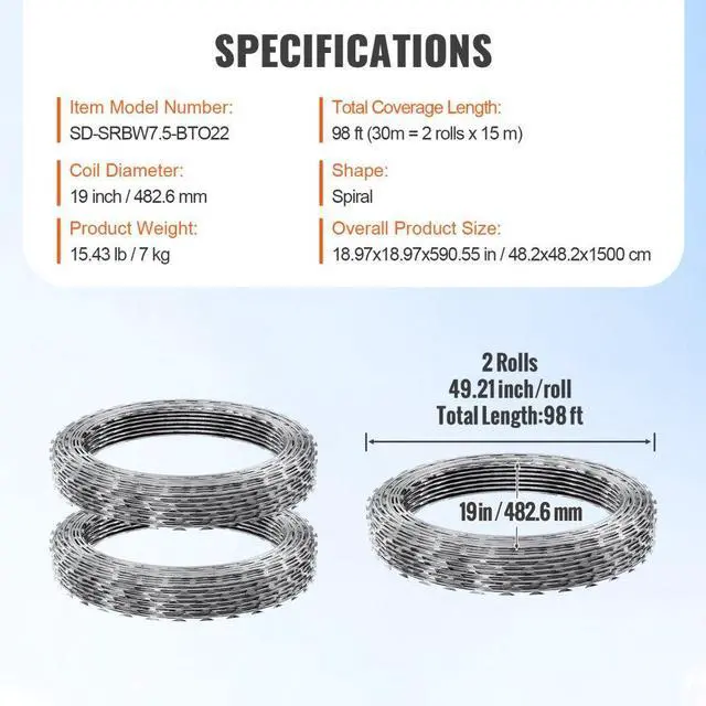 Alt view image 7 of 7 - VEVOR Razor Wires, 98 ft Razor Barbed Wire, 2 Rolls Razor Wire Fencing Razor Fence, Razor Ribbon Barbed Wire Galvanized Razor Wire Fence, Rolls Razor for Garden