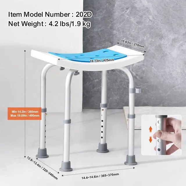 Alt view image 6 of 7 - VEVOR Shower Chair, Adjustable Height Shower Stool, Shower Seat for Inside Shower or Tub, Non-Slip Bench Bathtub Stool Seat for Elderly Disabled Handicap, 350 LBS Capacity