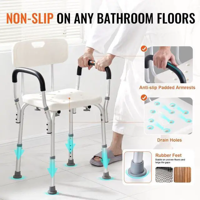 Alt view image 3 of 7 - VEVOR Shower Chair, Shower Seat with Back, Adjustable Height Shower Stool, Shower Chair for Inside Shower Bathtub, Non-slip Bathroom Bench Bath Chair for Elderly Disabled Handicap, 350 LBS Capacity