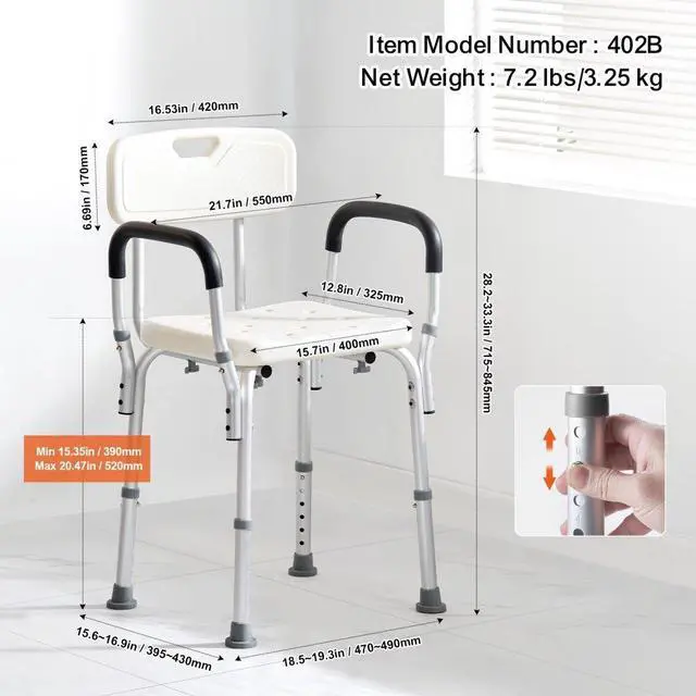 Alt view image 6 of 7 - VEVOR Shower Chair, Shower Seat with Back, Adjustable Height Shower Stool, Shower Chair for Inside Shower Bathtub, Non-slip Bathroom Bench Bath Chair for Elderly Disabled Handicap, 350 LBS Capacity