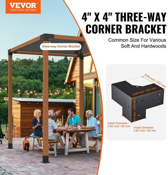 Alt view image 2 of 7 - VEVOR Pergola Bracket Kit 4''x4'', 4pcs 3-Way Heavy Duty Corner Bracket Woodworks DIY Post Base Kit, Easy Installation Wooden Beams for Gazebos, Patio Pergolas, Log Cabin Outdoor Pergola Hardware
