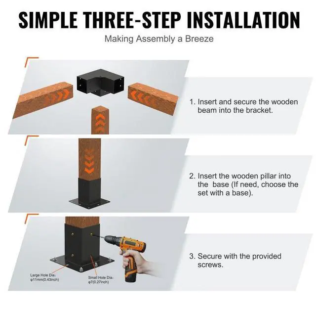 Alt view image 6 of 7 - VEVOR Pergola Bracket Kit 4''x4'', 4pcs 3-Way Heavy Duty Corner Bracket Woodworks DIY Post Base Kit, Easy Installation Wooden Beams for Gazebos, Patio Pergolas, Log Cabin Outdoor Pergola Hardware
