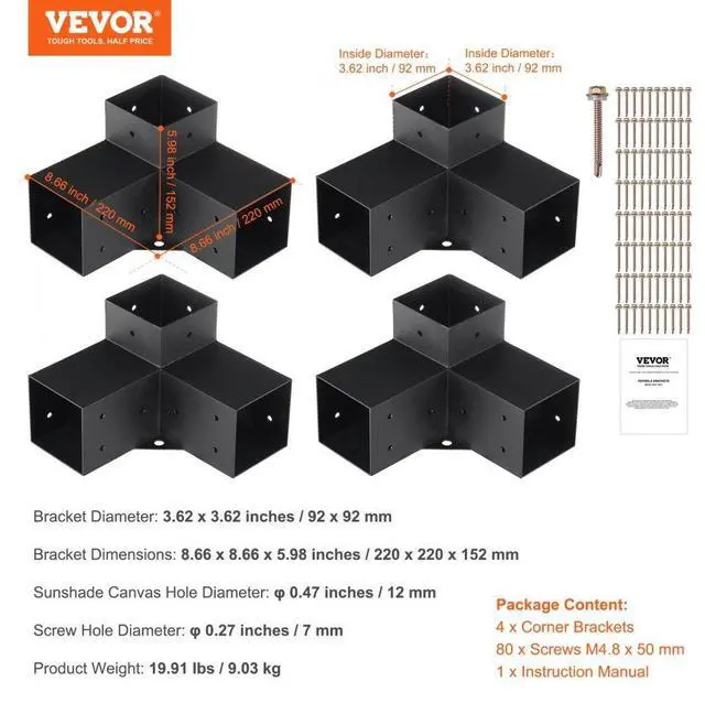 Alt view image 7 of 7 - VEVOR Pergola Bracket Kit 4''x4'', 4pcs 3-Way Heavy Duty Corner Bracket Woodworks DIY Post Base Kit, Easy Installation Wooden Beams for Gazebos, Patio Pergolas, Log Cabin Outdoor Pergola Hardware