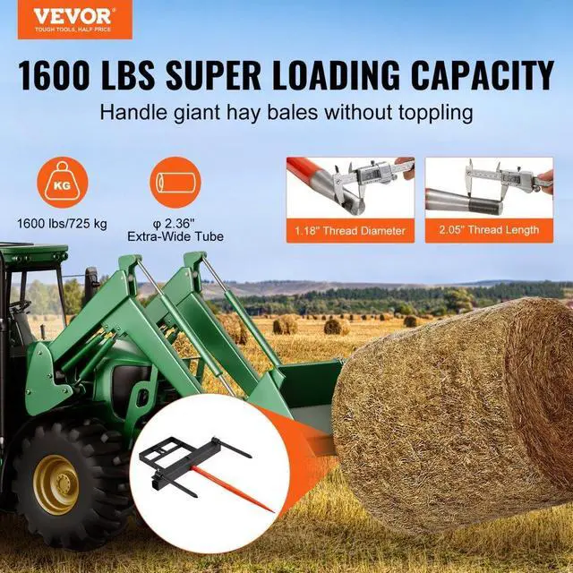 Alt view image 2 of 14 - VEVOR 39" Hay Spear, Bale Spears 1600lbs Loading Capacity, Skid Steer Loader Tractor Bucket Attachment with 2pcs 17.5" Stabilizer Spears and 60" Chain, Quick Attach Spike Forks