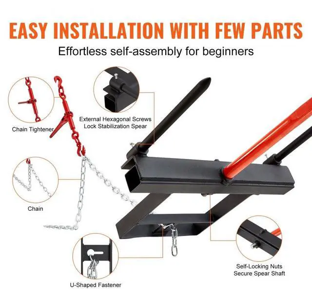 Alt view image 5 of 14 - VEVOR 39" Hay Spear, Bale Spears 1600lbs Loading Capacity, Skid Steer Loader Tractor Bucket Attachment with 2pcs 17.5" Stabilizer Spears and 60" Chain, Quick Attach Spike Forks