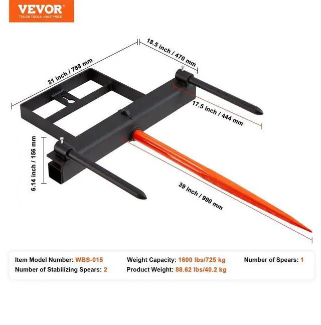 Alt view image 7 of 14 - VEVOR 39" Hay Spear, Bale Spears 1600lbs Loading Capacity, Skid Steer Loader Tractor Bucket Attachment with 2pcs 17.5" Stabilizer Spears and 60" Chain, Quick Attach Spike Forks