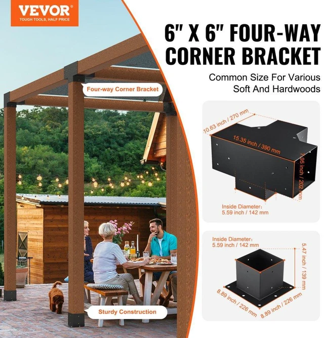 Alt view image 2 of 15 - VEVOR Pergola Bracket Kit 6''x6'', 4pcs 4-Way Heavy Duty Corner Bracket Woodworks DIY Post Base Kit, Easy Installation Wooden Beams for Gazebos, Patio Pergolas, Log Cabin Outdoor Pergola Hardware