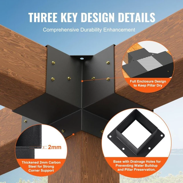 Alt view image 3 of 15 - VEVOR Pergola Bracket Kit 6''x6'', 4pcs 4-Way Heavy Duty Corner Bracket Woodworks DIY Post Base Kit, Easy Installation Wooden Beams for Gazebos, Patio Pergolas, Log Cabin Outdoor Pergola Hardware