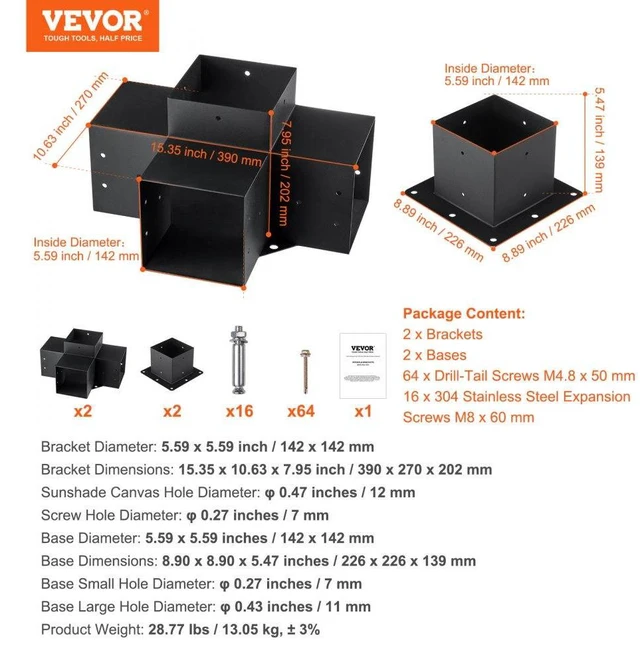 Alt view image 7 of 15 - VEVOR Pergola Bracket Kit 6''x6'', 4pcs 4-Way Heavy Duty Corner Bracket Woodworks DIY Post Base Kit, Easy Installation Wooden Beams for Gazebos, Patio Pergolas, Log Cabin Outdoor Pergola Hardware