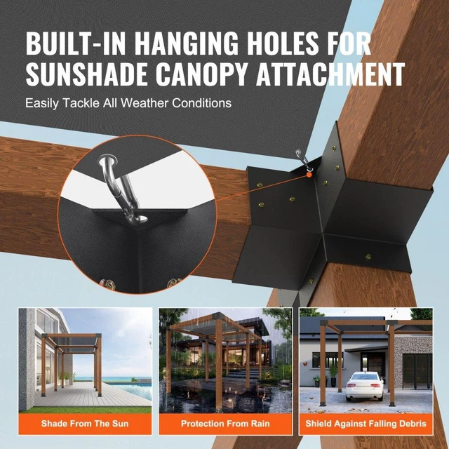 Alt view image 5 of 15 - VEVOR Pergola Bracket Kit 6''x6'', 4pcs 4-Way Heavy Duty Corner Bracket Woodworks DIY Post Base Kit, Easy Installation Wooden Beams for Gazebos, Patio Pergolas, Log Cabin Outdoor Pergola Hardware