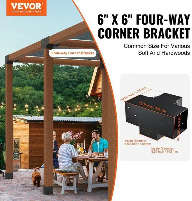 Alt view image 2 of 7 - VEVOR Pergola Bracket Kit 6''x6'', 2pcs 4-Way Heavy Duty Corner Bracket Woodworks DIY Post Base Kit, Easy Installation Wooden Beams for Gazebos, Patio Pergolas, Log Cabin Outdoor Pergola Hardware