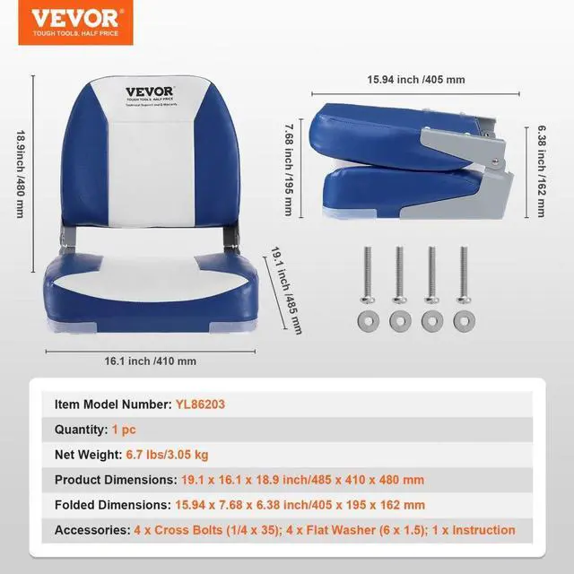 Alt view image 7 of 7 - VEVOR Boat Seat, 18.9" Low Back Boat Seat, Folding Boat Chair with Thickened Sponge Padding and Hinge, Fold-Down Boat Captain Chair for Fishing Boat, Sightseeing Boat, Speedboat, Canoe, 1-Piece