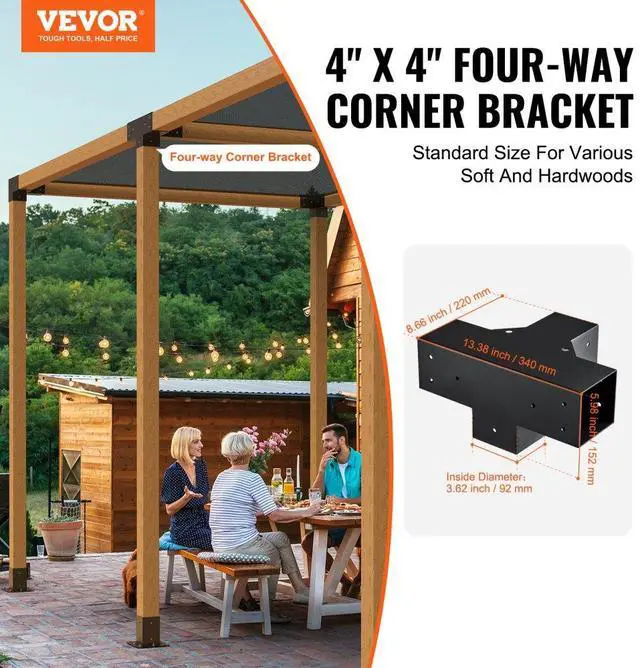 Alt view image 2 of 14 - VEVOR Pergola Bracket Kit 4''x4'', 2pcs 4-Way Heavy Duty Corner Bracket Woodworks DIY Post Base Kit, Easy Installation Wooden Beams for Gazebos, Patio Pergolas, Log Cabin Outdoor Pergola Hardware