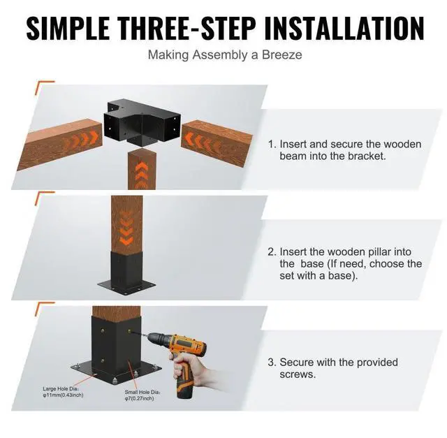 Alt view image 6 of 14 - VEVOR Pergola Bracket Kit 4''x4'', 2pcs 4-Way Heavy Duty Corner Bracket Woodworks DIY Post Base Kit, Easy Installation Wooden Beams for Gazebos, Patio Pergolas, Log Cabin Outdoor Pergola Hardware